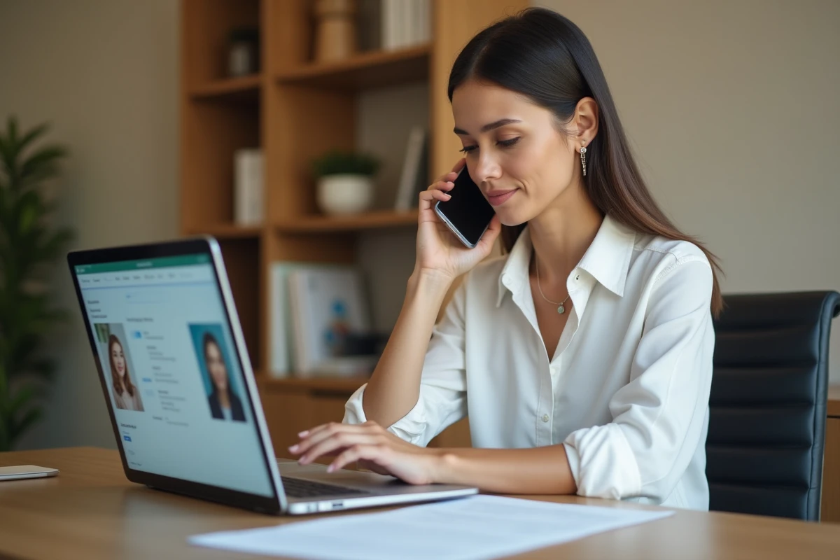 Femme utilisant un script prêt à l'emploi pour appeler le service client Uber Eats depuis son bureau à domicile