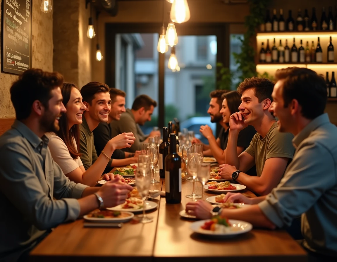 Amis attablés dans un bar à vins parisien animé partageant bouteilles et planches de charcuterie