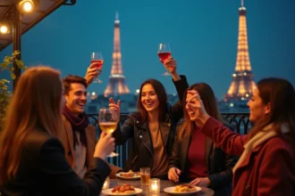 Groupe d'amis parisiens qui trinquent en terrasse sur un rooftop avec vue sur la Tour Eiffel la nuit