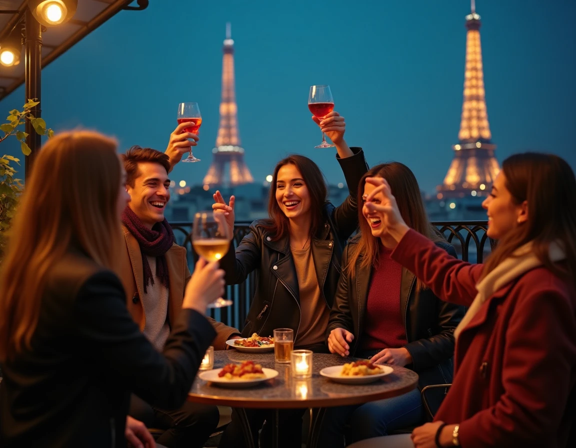 Groupe d'amis parisiens qui trinquent en terrasse sur un rooftop avec vue sur la Tour Eiffel la nuit