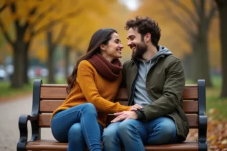 Couple complice sur un banc de parc en automne, la femme chuchotant un surnom affectueux à l'oreille de son partenaire souriant