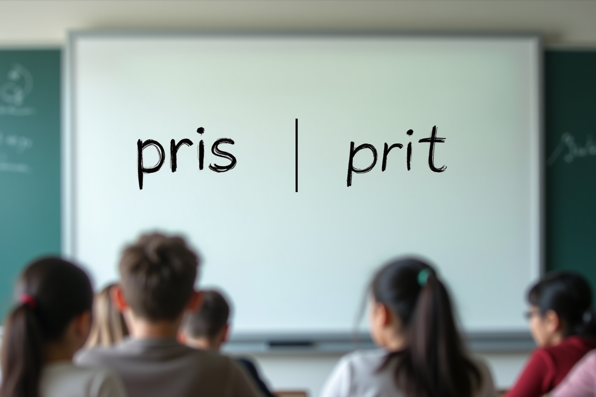 Tableau blanc en classe avec pris et prit visibles