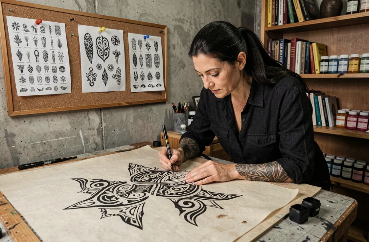 Tatoueuse polynésienne dessinant des motifs traditionnels dans son atelier avec des fiches de référence sur les symboles du tatouage polynésien affichées au mur