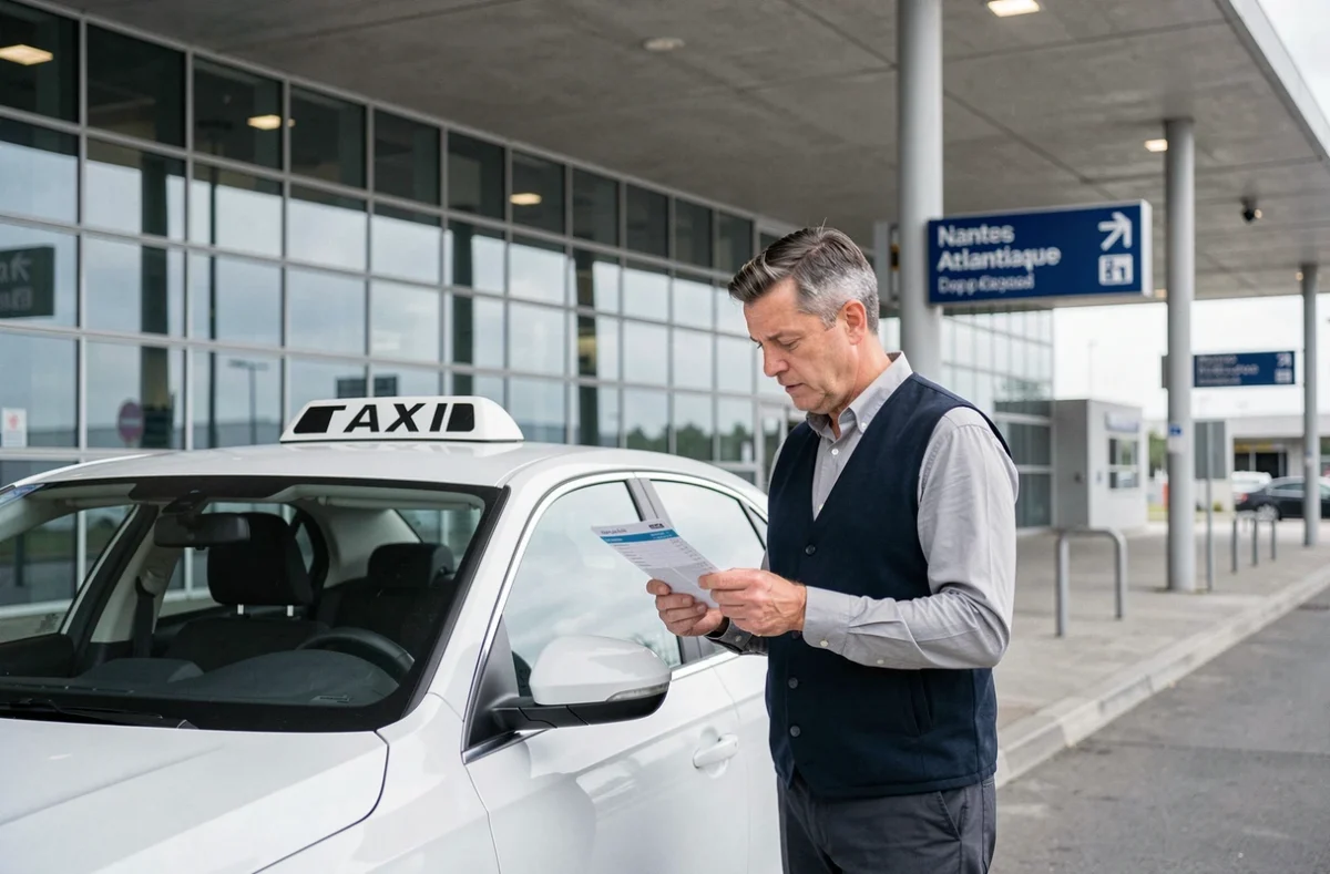 Chauffeur de Taxi Nantes Aéroport debout à côté d'une berline blanche dans la zone de dépose de l'aéroport Nantes Atlantique