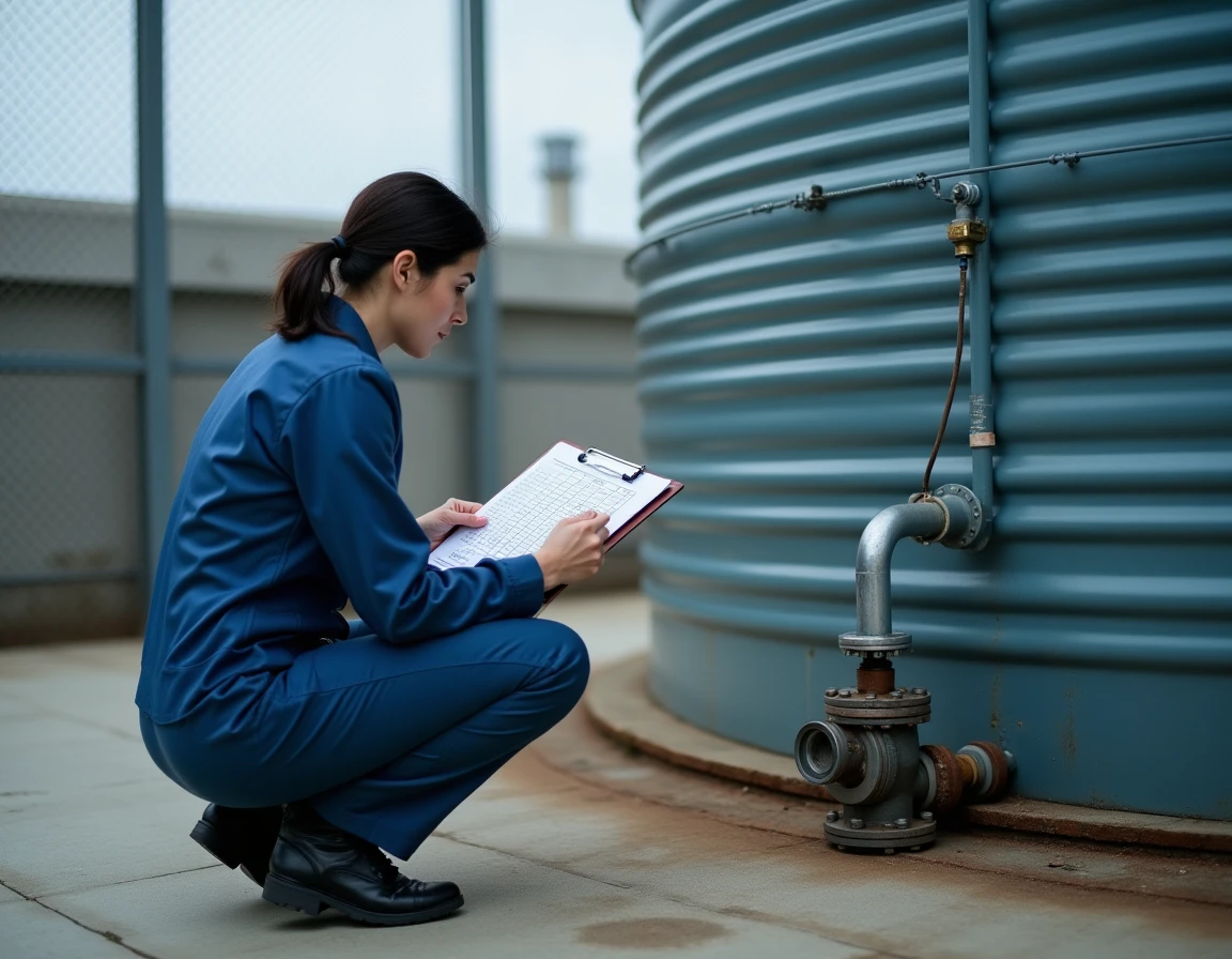 Technicienne consultant un tableau de conversion de litres en mètres cubes devant un grand réservoir industriel en milieu urbain
