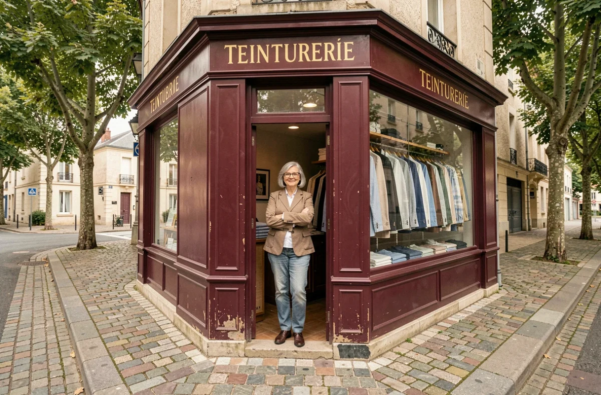Façade traditionnelle de la Teinturerie Wartner à Saint-Cloud avec une propriétaire accueillante dans l'embrasure de la porte