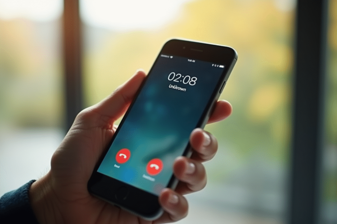 Main tenant un smartphone affichant un appel inconnu