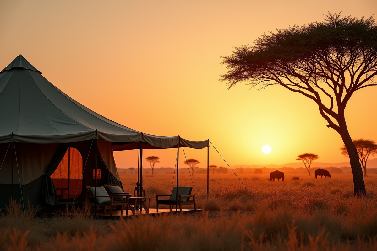 Tentes de safari abordables au lever du soleil avec silhouettes d