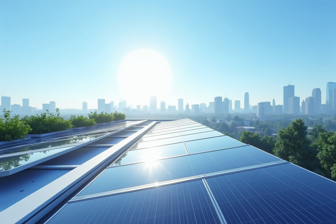 Toit moderne avec panneaux solaires sous ciel bleu