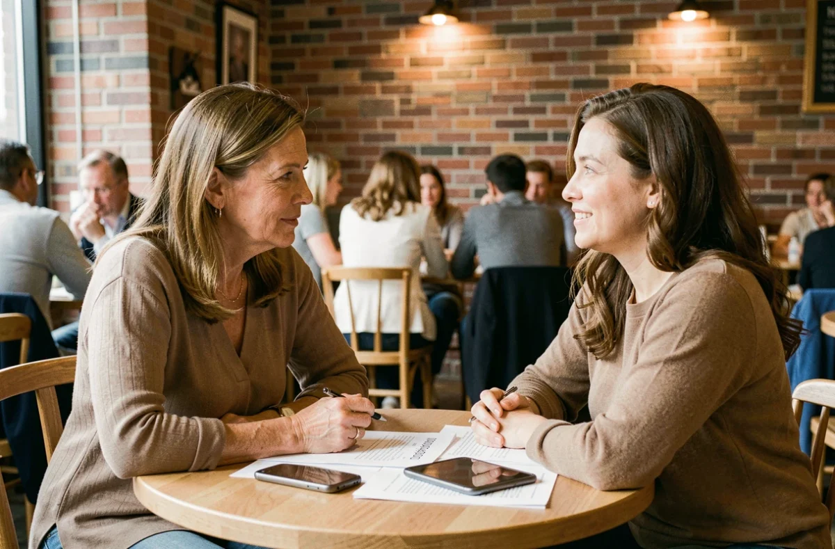 Deux femmes ayant une conversation ouverte et transparente autour d'une table de café, partageant des informations avec sincérité