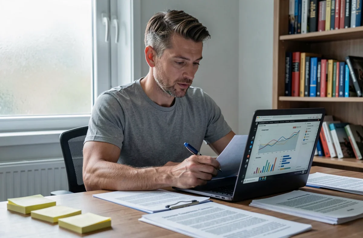 Un homme vérifiant systématiquement des faits en comparant des documents et un écran d'ordinateur dans un bureau à domicile