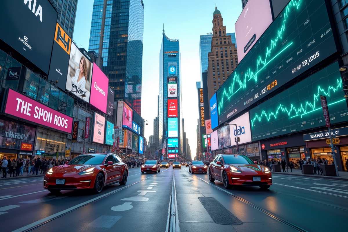 Ville avec voitures électriques autonomes et panneaux d