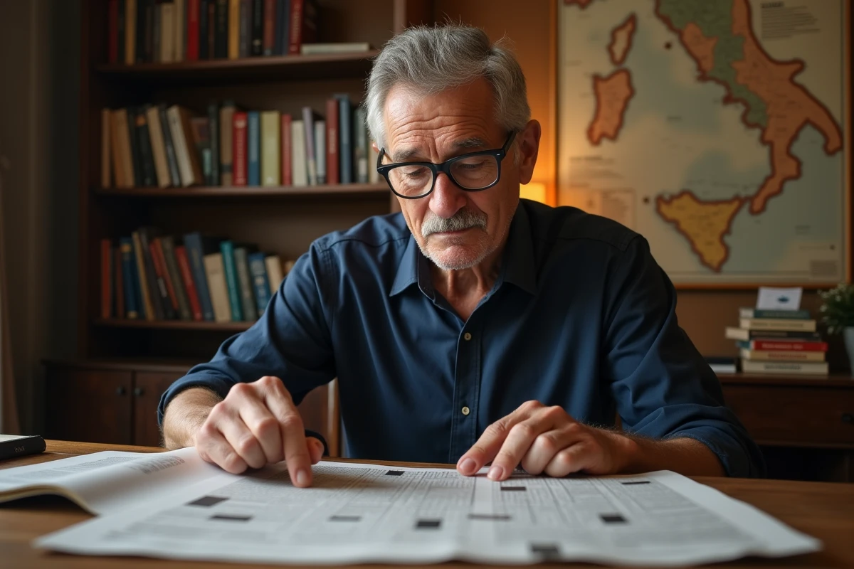 Homme résolvant des mots fléchés avec une carte de l'Italie au mur pour trouver une ville italienne en 5 lettres