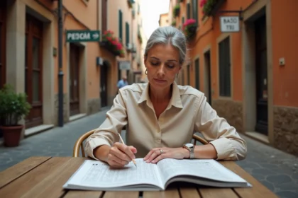 Femme complétant une grille de mots fléchés dans une ruelle italienne en cherchant une ville italienne en 5 lettres