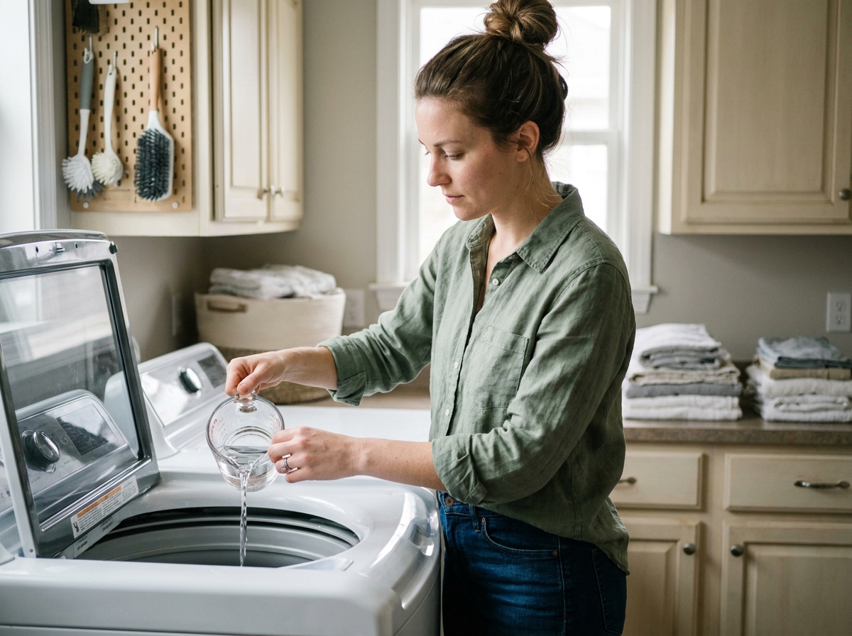 Femme versant du vinaigre blanc dans le tambour d'un lave-linge top pour un nettoyage naturel et écologique