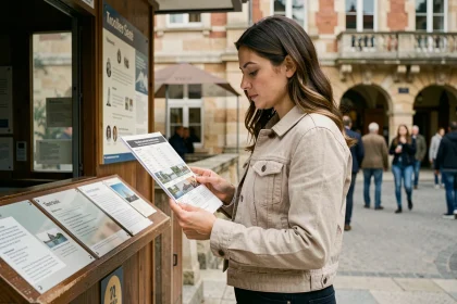 Femme consultant un programme devant l'entrée d'un musée à Toulouse pour visiter l'exposition Escher