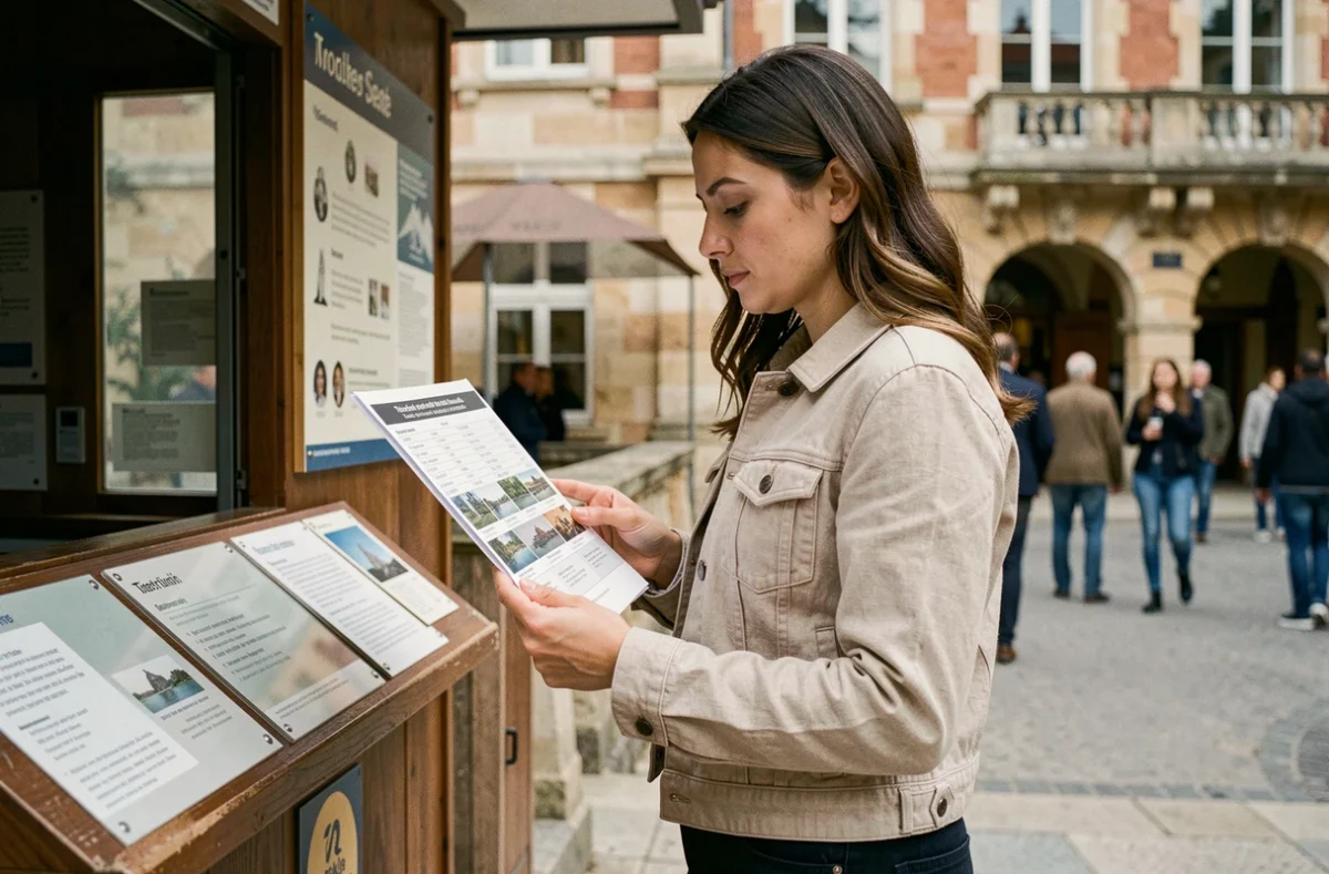 Femme consultant un programme devant l'entrée d'un musée à Toulouse pour visiter l'exposition Escher
