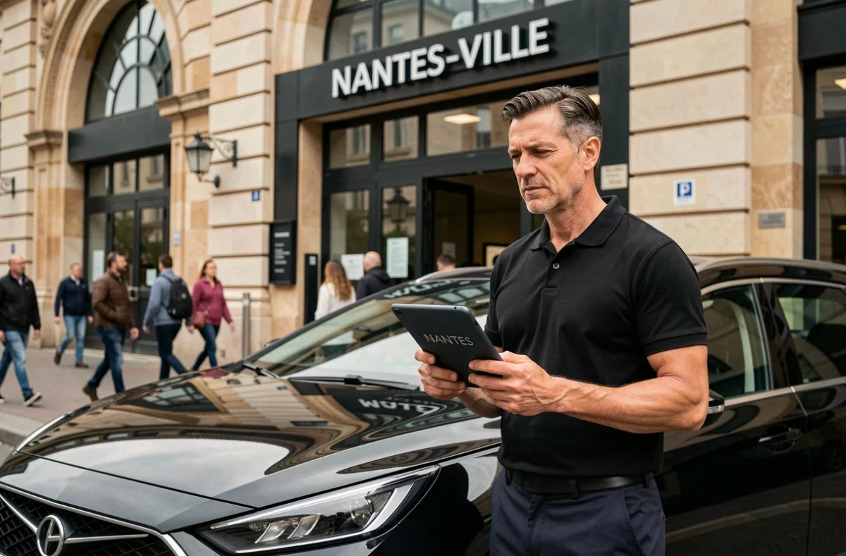 Chauffeur VTaxi 44 tenant une tablette avec un nom de passager devant la gare de Nantes