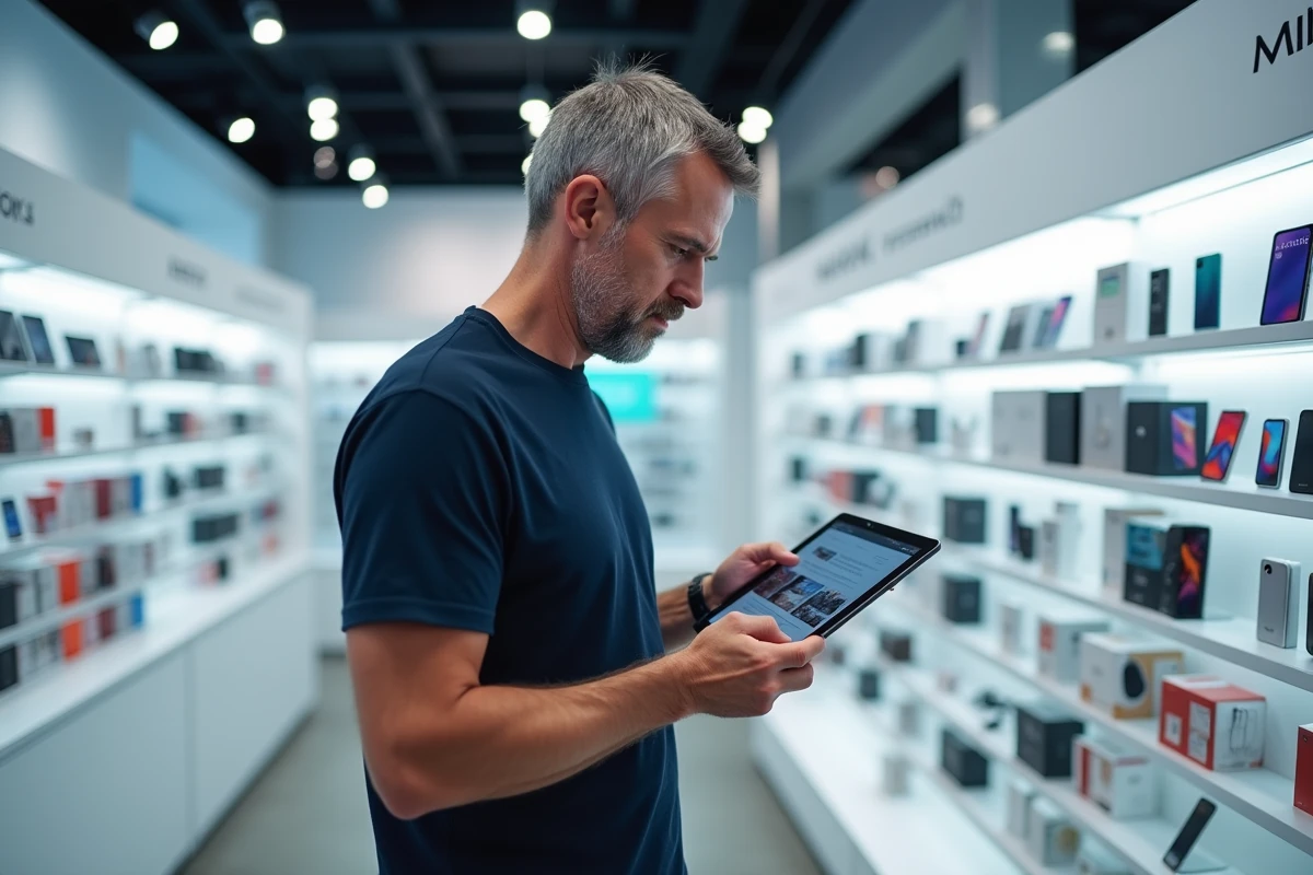 Homme tenant un smartphone Wiko dans un magasin de téléphonie en comparant avec un site d'actualités en ligne