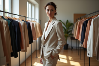 Femme élégante dans un studio de mode lumineux